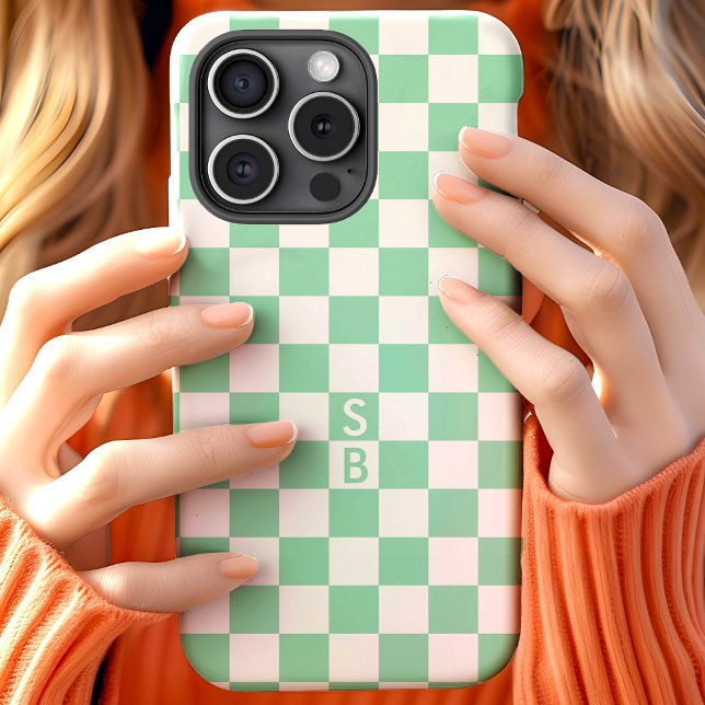 Coques Case-Mate iPhone Motif à carreaux vert menthe et blanc avec monogra (Créateur téléchargé)