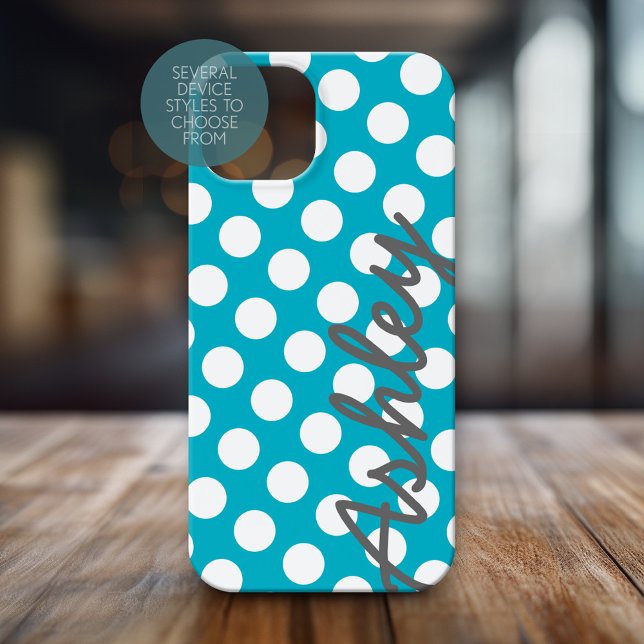 Coques Case-Mate iPhone Motif à pointe Polka tendance avec nom - gris bleu (Personalized Phone Case with Polka Dots and Custom Name)