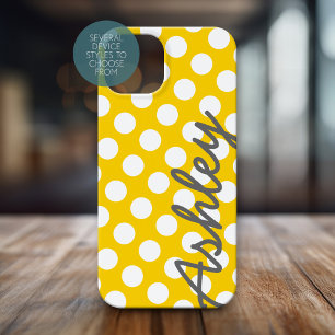 Coque Pour iPhone 14 Pro Motif à pointe Polka tendance avec nom - gris jaun