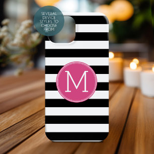 Coque Case-Mate iPhone Motif à rayures noir et blanc Monogramme rose chau