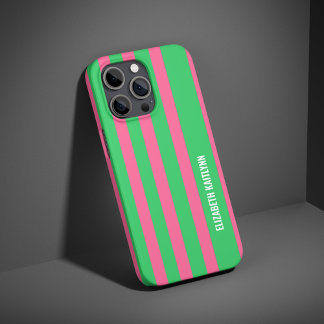 Coque iPhone 16 Pro Motif à rayures vertes et roses Personnalisé