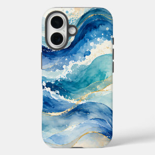 Coque Pour iPhone 16 Motif Abstrait de Vagues Océaniques à l'Aquarelle