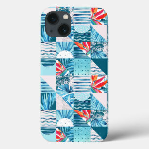 Etui iPhone 13 Motif abstrait géométrique turquoise tropical