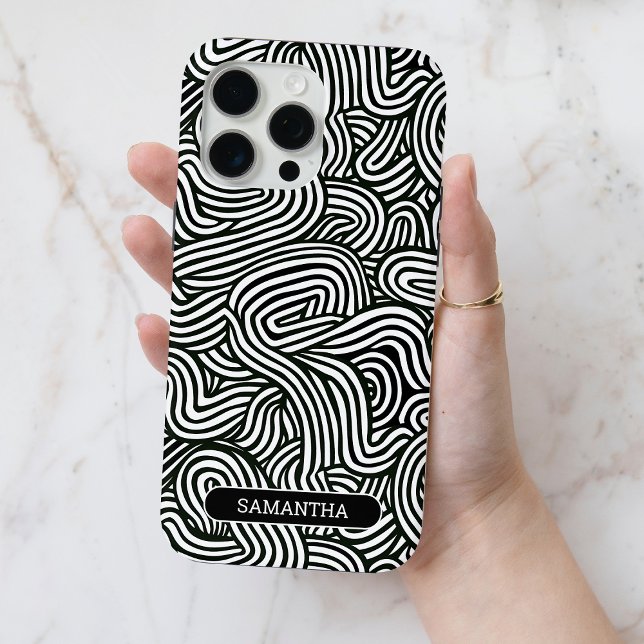 Coques Case-Mate iPhone Motif Abstrait moderne noir et blanc avec nom (Modern Black and White Abstract Pattern with Name Case-Mate iPhone Case)
