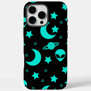 Coque iPhone 16 Pro Max Motif Alien turquoise avec étoiles et lunes