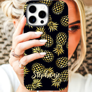 Coque iPhone 16 Pro Motif Ananas Doré Nom Personnalisé