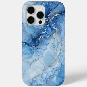 Coque Case-Mate iPhone Motif aquarelle de marbre bleu avec veines dorées