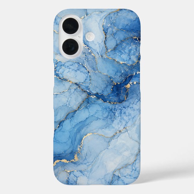 Coques Case-Mate iPhone Motif aquarelle de marbre bleu avec veines dorées (Verso)
