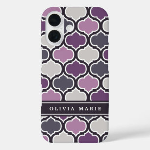 Coque Pour iPhone 16 Motif arabesque violet foncé Nom personnalisé