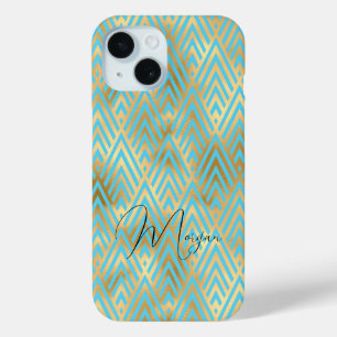 Coque Case-Mate iPhone Motif Art Déco, Or et Bleu Clair, Nom en Script