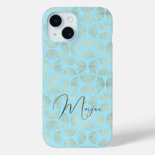 Coque Case-Mate iPhone Motif Art Déco, Or et Bleu Clair, Nom en Script