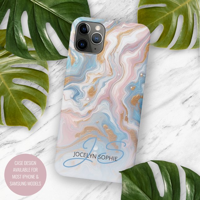 Coques Case-Mate iPhone Motif artistique en marbre rose pêche bleu or (Créateur téléchargé)