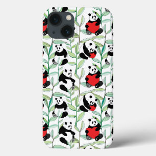 iPhone 13 Case motif avec de beaux pandas avec des coeurs