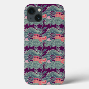 Etui iPhone 13 Motif avec les poissons et la vague pourpre