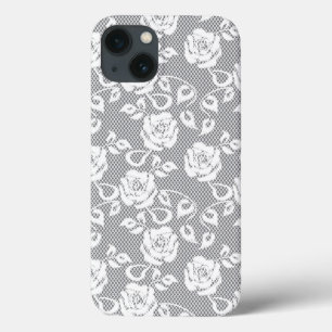 iPhone 13 Coque Motif blanc de dentelle sur l'arrière - plan gris