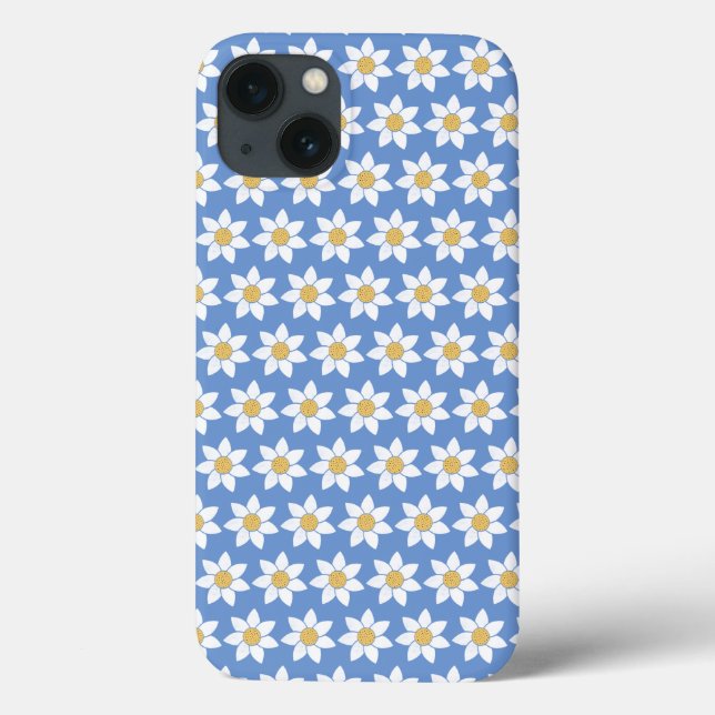 Coques Case-Mate iPhone Motif blanc de marguerite sur bleu (Verso)