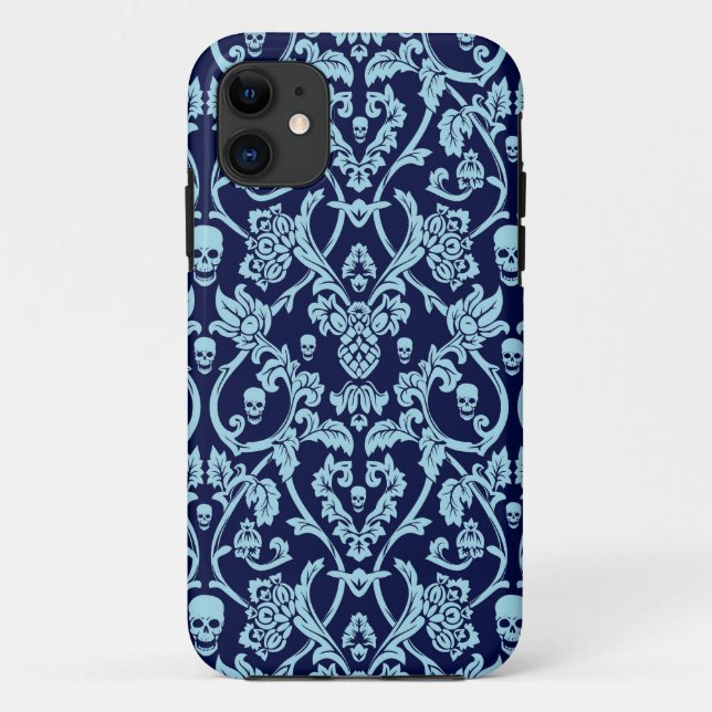 Coques Case-Mate iPhone Motif bleu de damassé de crâne (Dos)