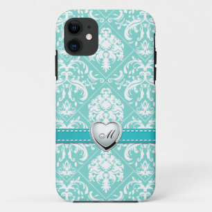 Coques Pour iPhone Motif bleu et blanc d'Aqua de damassé avec le
