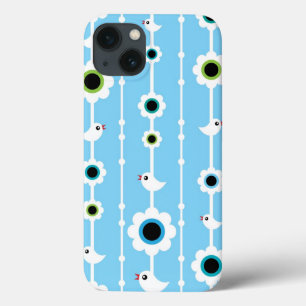 Etui iPhone 13 motif bleu oiseau et fleurs
