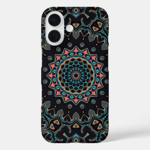 Coque Pour iPhone 16 Motif bleu Turquoise noir rose Mandala Boho