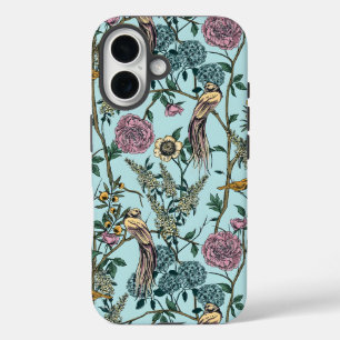 Coque Pour iPhone 16 Motif botanique de couleur bleue de style vintage