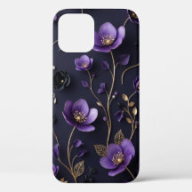 Motif botanique floral 3D violet et or élégant