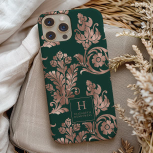 Coque Case-Mate iPhone Motif botanique monogramme or rose émeraude vert