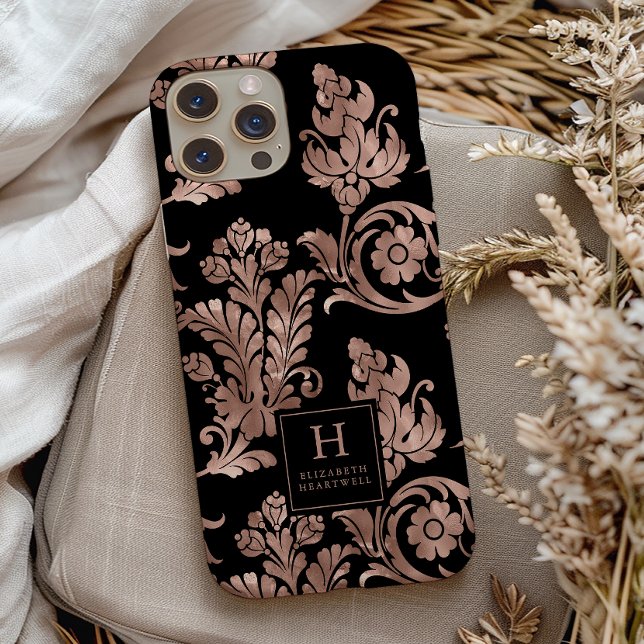Coques Case-Mate iPhone Motif Botanique Orné Monogramme Rose Or Noir (Créateur téléchargé)