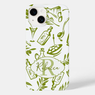Coque Case-Mate iPhone Motif botanique vert blanc olivier Nom Monogramme