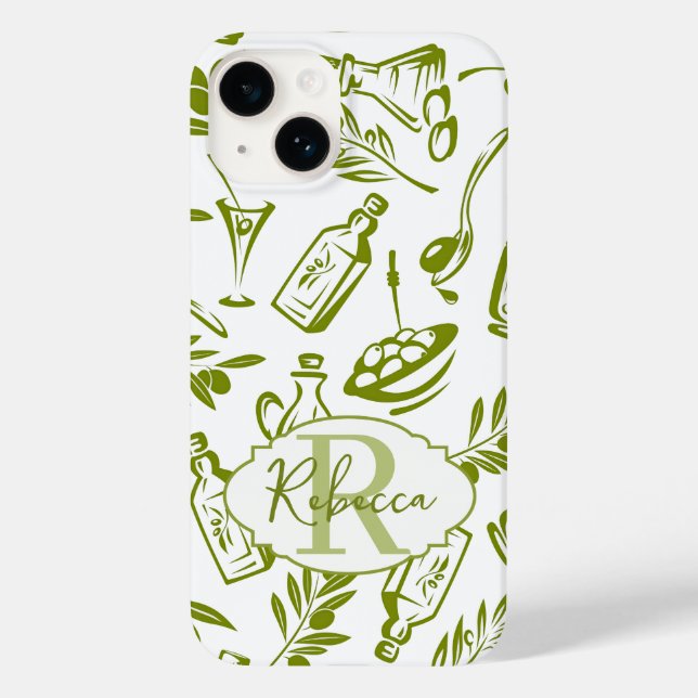 Coques Case-Mate iPhone Motif botanique vert blanc olivier Nom Monogramme (Verso)