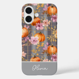 Coque Pour iPhone 16 Motif carreau citrouille et fleurs personnalisé