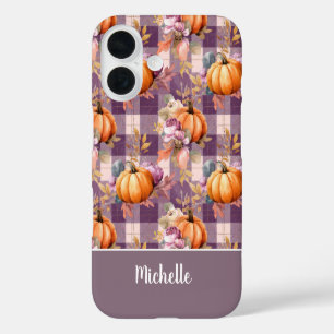 Coque Pour iPhone 16 Motif carreau de citrouille et fleurs personnalisé
