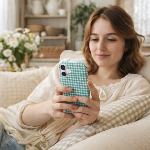 Coque Pour iPhone 16 Motif carreaux gingham sarcelle et blanc