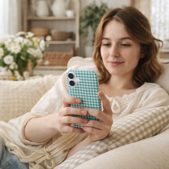 Coques Case-Mate iPhone Motif carreaux gingham sarcelle et blanc (A phone case with a gingham plaid pattern.)