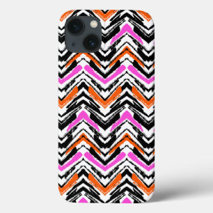 iPhone 13 Coque Motif Chevron De Main Noire, Orange Et Rose