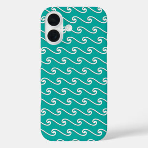 Coques iPhone 16 Motif chinois à vagues - blanc sur bleu paon