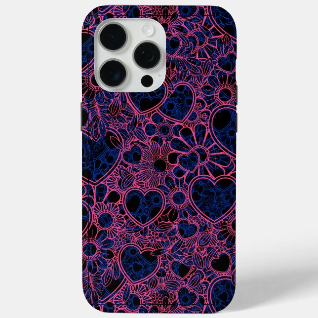 Coques Case-Mate iPhone Motif Coeurs superposés, rose sur bleu noir BG (Verso)