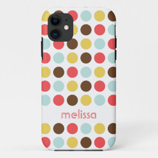 Coque iPhone 11 Motif coloré de pois moderne de nom personnalisé