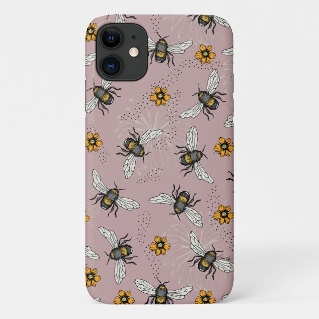 Coques Case-Mate iPhone Motif d'abeille et de fleurs rose rose (Dos)
