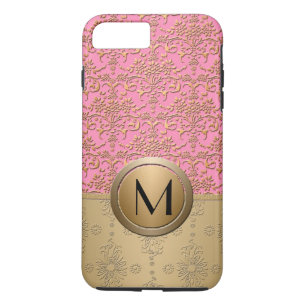 Coque iPhone 7 Plus Motif damassé à monogramme rose et or élégant