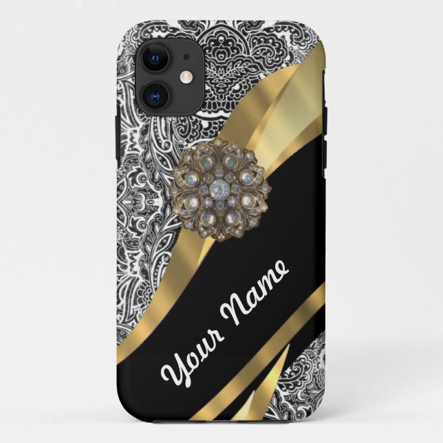Coques Case-Mate iPhone Motif damassé floral noir et blanc (Dos)