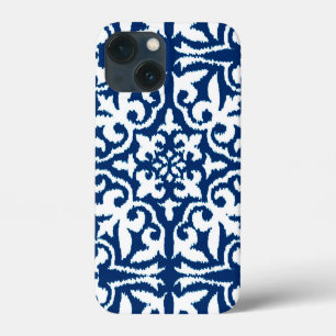 Etui iPhone 13 Mini Motif damassé Ikat - Bleu de cobalt et blanc