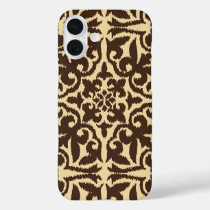 Coques iPhone 16 Plus Motif damassé Ikat - Marron Chocolat et Tan