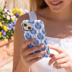 Coque Case-Mate iPhone Motif damassé méditerranéen bleu et blanc élégant