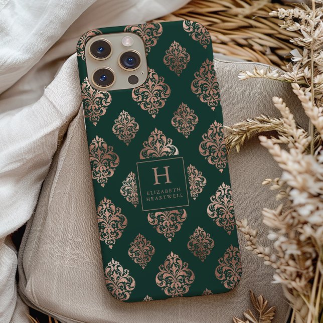Coques Case-Mate iPhone Motif Damassé Monogramme Or Rose Émeraude Vert (Créateur téléchargé)