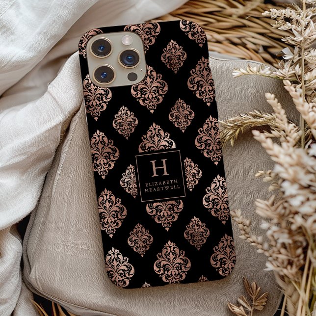 Coques Case-Mate iPhone Motif Damassé Orné Monogramme Or Noir (Créateur téléchargé)