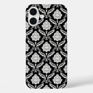 Coque Pour iPhone 16 Plus Motif Damassé Rococo Blanc sur Fond Noir