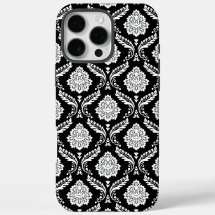 Coque iPhone 16 Pro Max Motif Damassé Rococo Blanc sur Fond Noir