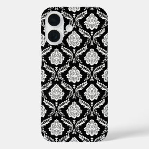 Coque Pour iPhone 16 Motif Damassé Rococo Blanc sur Noir