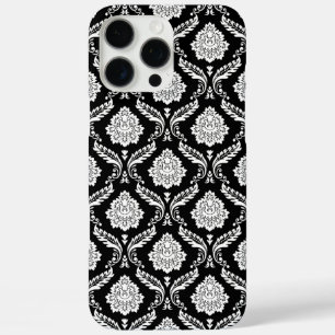 Coque iPhone 16 Pro Max Motif Damassé Rococo Blanc sur Noir